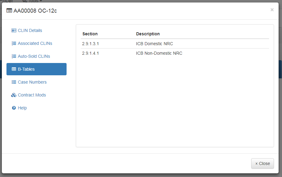 CLIN Details Dialog: B-Tables Tab