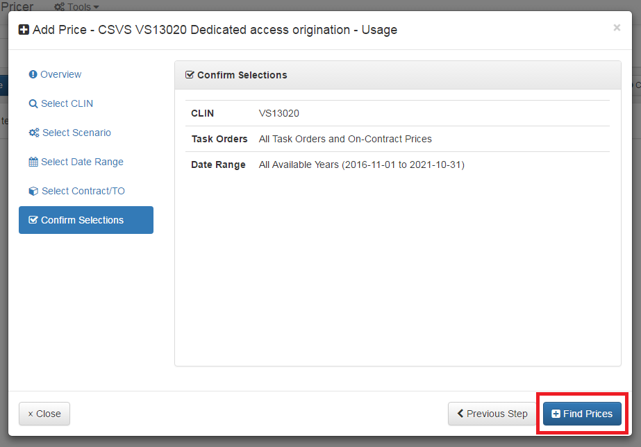 Add Price Dialog: Confirm Selections Tab: Find Prices Button