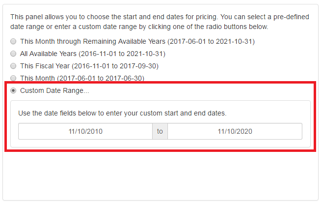 Add Price Dialog: Select Date Range Tab: Custom Date Range