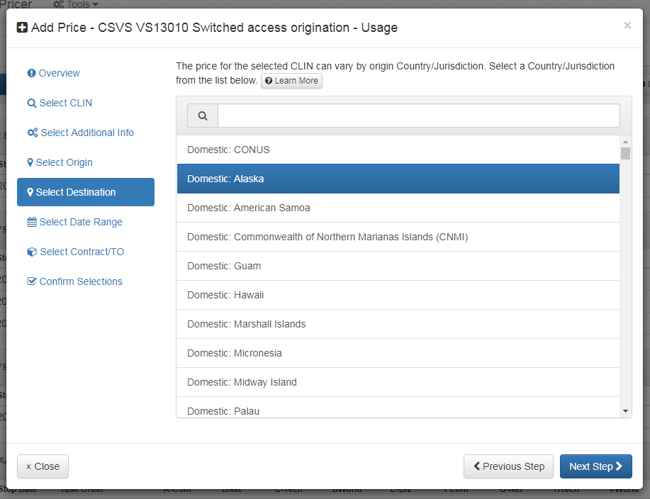 Add Price Dialog: Select Destination Tab