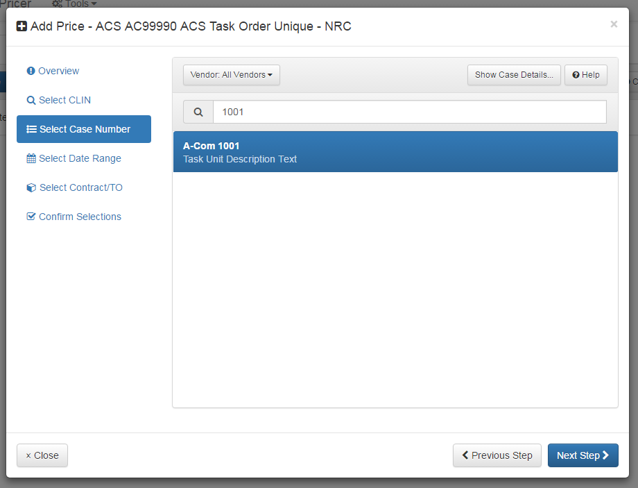 Add Price Dialog: Select Case Number Tab