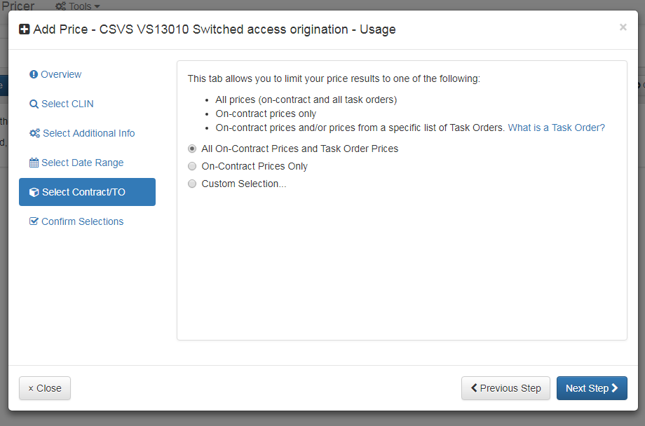 Add Price Dialog: Select Contract/TO Tab