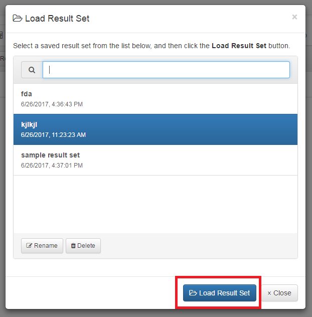 Load Result Set Dialog: Load Result Set Button